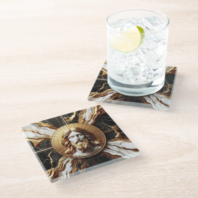 Dessous-de-verre En Verre Présence éthérée Visage de Jésus gravé dans le mar (Incliné)