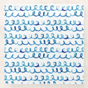 Dessous-de-verre En Verre Profil onduleux d'aquarelle bleue peinte à la mai