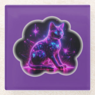 Dessous-de-verre En Verre Purple Neon Siamese Cat With Blue Eyes & Starburst