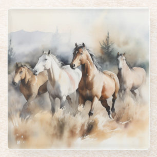 Dessous-de-verre En Verre "Quatre Mustangs sauvages" Aquarelle occidentale D