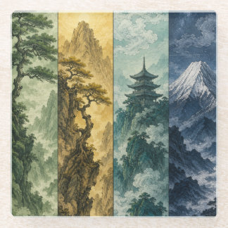 Dessous-de-verre En Verre Quatre Saisons Montagne | Paysage à l'encre japona