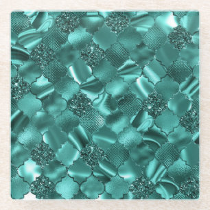 Dessous-de-verre En Verre Quatrefoil pailleté et feuille de style sarcelle s