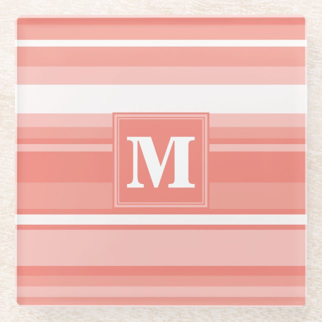 Dessous-de-verre En Verre Rayures de corail monogramme (Devant)
