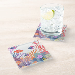 Dessous-de-verre En Verre Récif de Corail   Poisson Coloré Océan Aquarelle