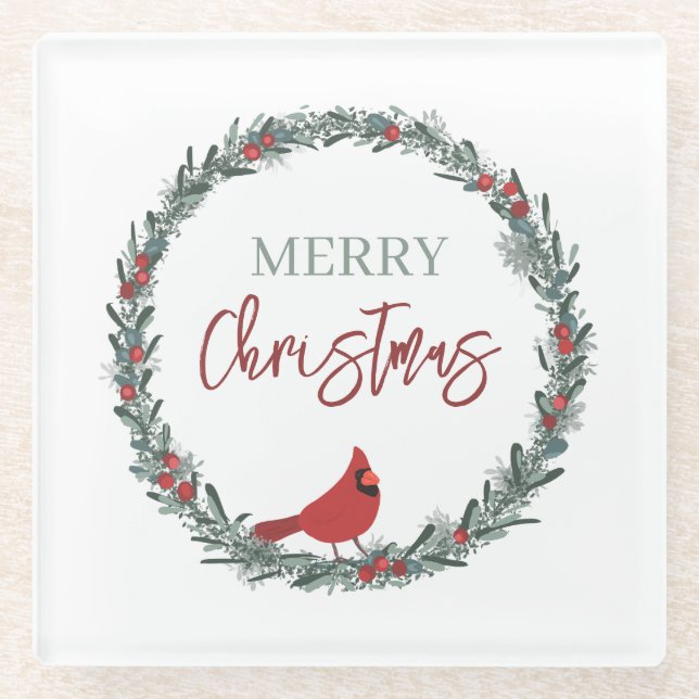 Dessous-de-verre En Verre Red Berries Wreath and Red Cardinal Christmas  (Devant)