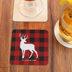 Dessous-de-verre En Verre Red Buffalo Plaid & Deer   Nom personnel Cadeau