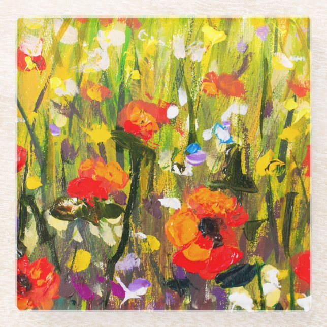 Dessous-de-verre En Verre Red Poppies Champ peinture Abstraite (Devant)