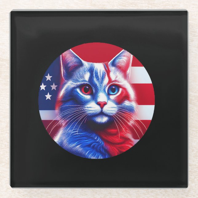 Dessous-de-verre En Verre Red White & Blue Cat With American Flag Background (Devant)