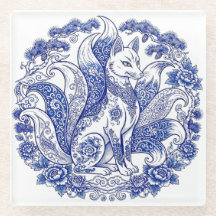 Renard à neuf queues Kitsune Imari Style Bleu Blan