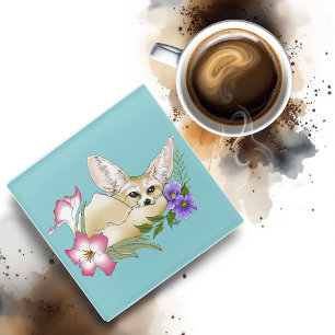 Dessous-de-verre En Verre Renard Fennec Fleurs Roses Violettes Mignon Botani