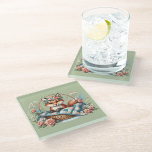 Dessous-de-verre En Verre Renard floral dans un panier avec courtepointe et