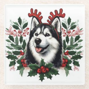 Dessous-de-verre En Verre Rennes de fête Sibérie Husky Chien Noël