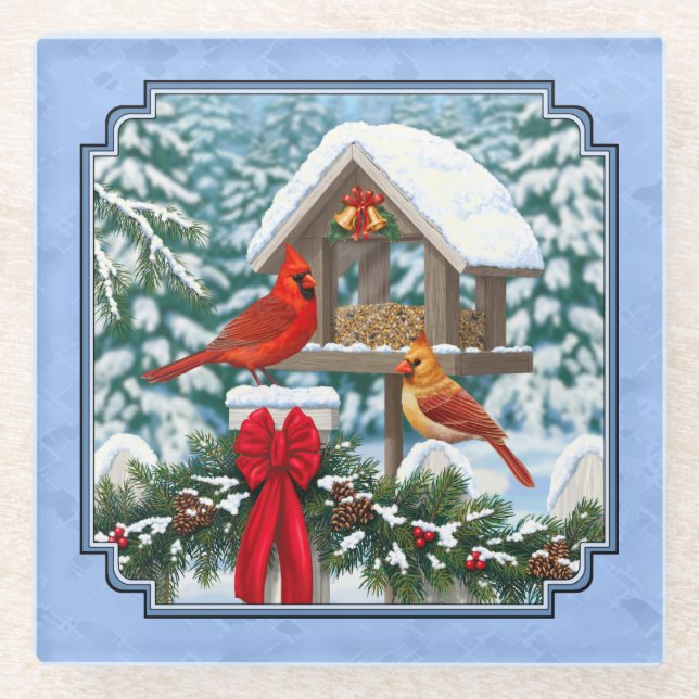 Dessous-de-verre En Verre Repas de Noël des cardinaux bleu (Devant)