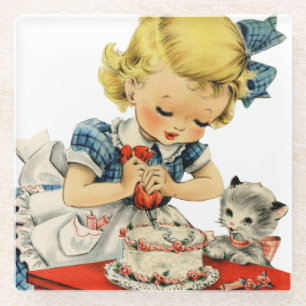 Dessous-de-verre En Verre Rétro Anniversaire Fille Cake Cat Enfants Artwork