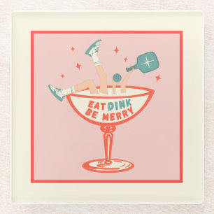 Dessous-de-verre En Verre Retro Mange, Dink et Be Joyeux Pickleball Noël