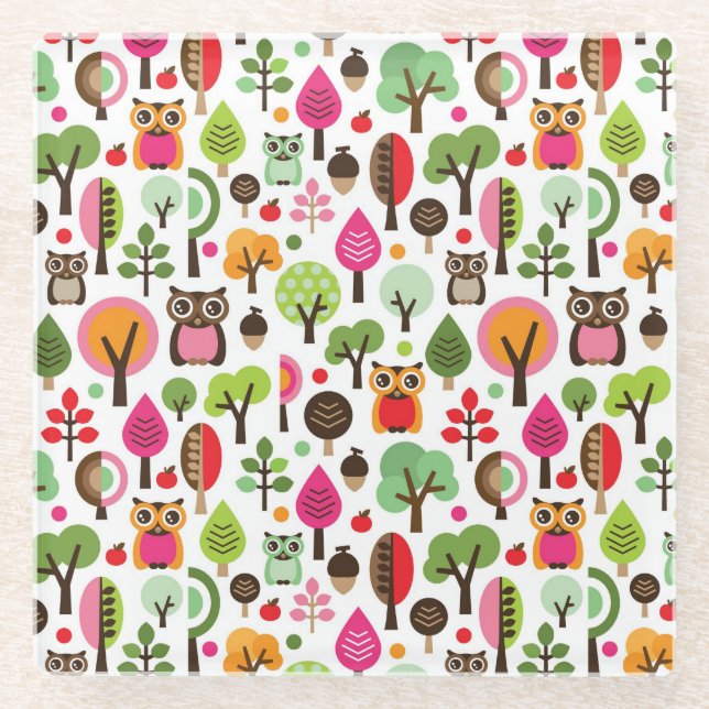 Dessous-de-verre En Verre rétro motif de hibou d'arbre rose de feuille (Devant)