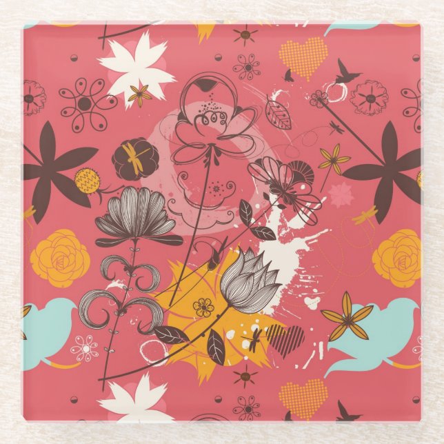 Dessous-de-verre En Verre Rétro motif floral 4 (Devant)