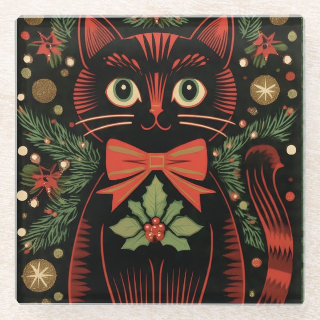 Dessous-de-verre En Verre RetroXmasCat  (Devant)