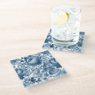 Dessous-de-verre En Verre Rêves Bleus   Chinoiserie Aquarelle Florale Blanch