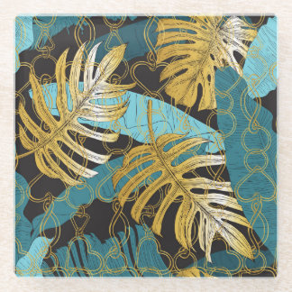 Dessous-de-verre En Verre Rideau de chaîne d'or, feuilles tropicaux.