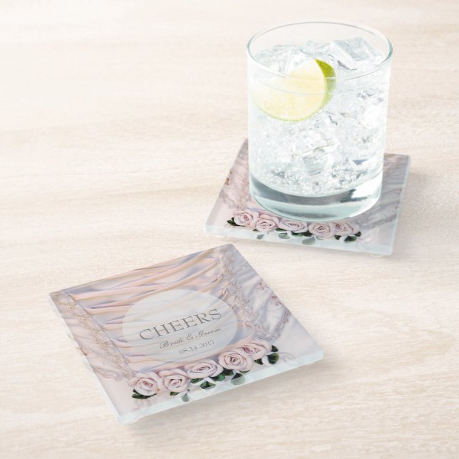 Dessous-de-verre En Verre Robe de mariée blanche avec Mariage Rose (Incliné)