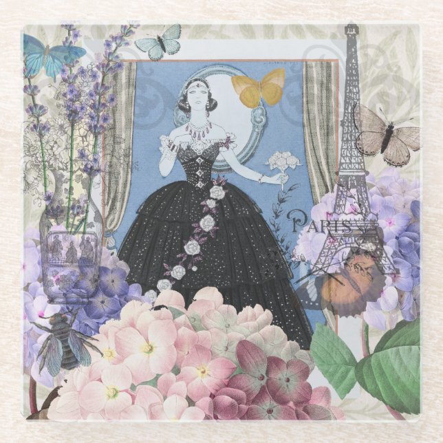 Dessous-de-verre En Verre Robe élégante bleue pour femme, florale et fantais (Devant)