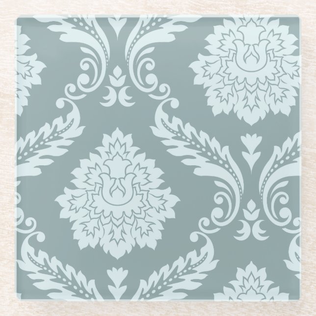 Dessous-de-verre En Verre Rococo Damask Art I Duck Egg Blue+Teal (Devant)