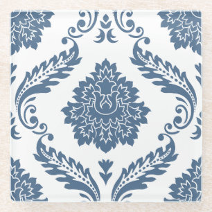 Dessous-de-verre En Verre Rococo Damassé Grand Motif Bleu sur Blanc
