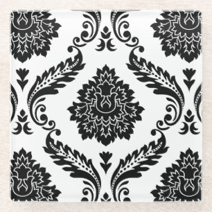 Dessous-de-verre En Verre Rococo Damassé Grand Motif Noir sur Blanc