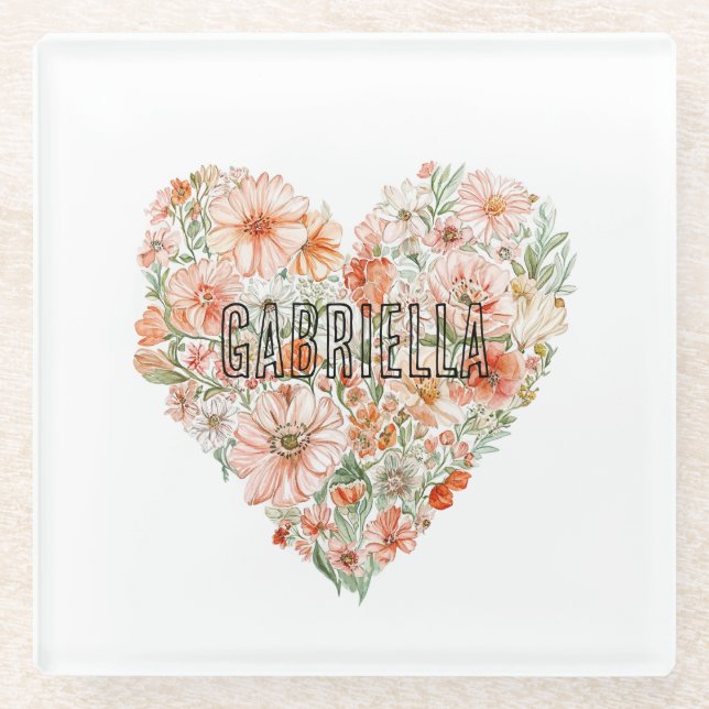Dessous-de-verre En Verre Romantic Peach Mint Floral Heart (Devant)