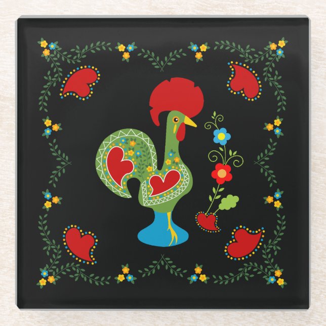 Dessous-de-verre En Verre Rooster portugais de la chance en vert (Devant)