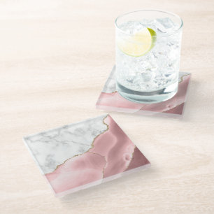 Dessous-de-verre En Verre Rose clair Parties scintillant Or Blanc Faux Marbr