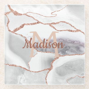 Dessous-de-verre En Verre Rose Gold Blanc Agate Monogramme Luxe Pailleté