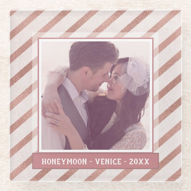 Dessous-de-verre En Verre Rose Gold Striped Élégant Photo et texte personnal (Devant)