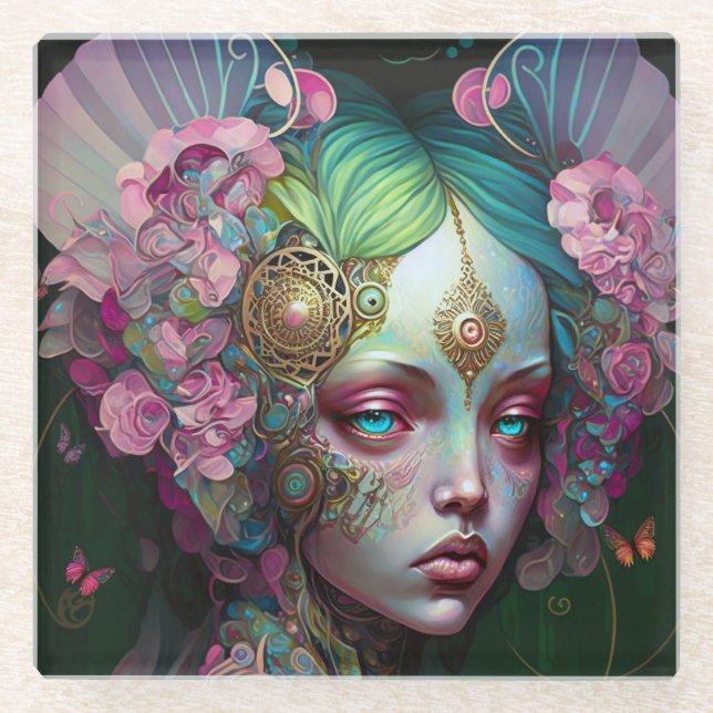 Dessous-de-verre En Verre Rose Green Elf Fairy Femme Imaginaire Art (Devant)