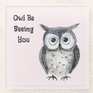 Dessous-de-verre En Verre Rose Pâle Hibou Noir À Revoir