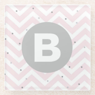Dessous-de-verre En Verre Rose pastel chevron et monogramme gris en points