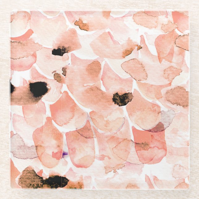 Dessous-de-verre En Verre Rose, pivoine, feuille, motif aquarelle. (Devant)