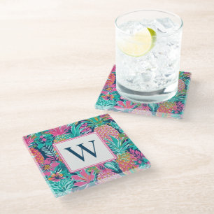 Dessous-de-verre En Verre Rose Prépa Turquoise Bleu Marine Ananas Monogramme