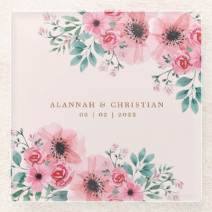 Dessous-de-verre En Verre Rose romantique et vert aquarelle Mariage floral