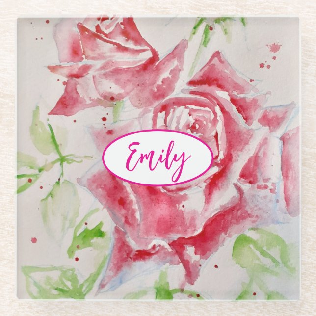 Dessous-de-verre En Verre Rose rose Rose Aquarelle Fleur Floral art (Devant)
