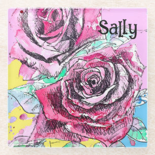 Dessous-de-verre En Verre Rose Rouge Roses Aquarelle Florale Fleurs Fleur
