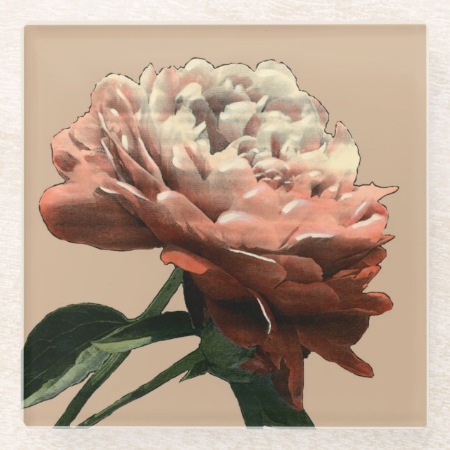 Dessous-de-verre En Verre Rose rouge rubis aux accents blancs (Devant)