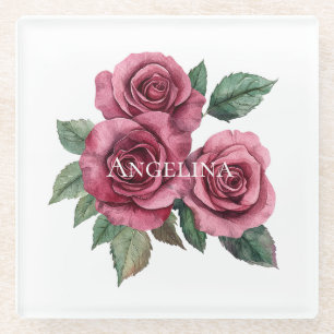 Dessous-de-verre En Verre Rose rouge vert Rose Floral