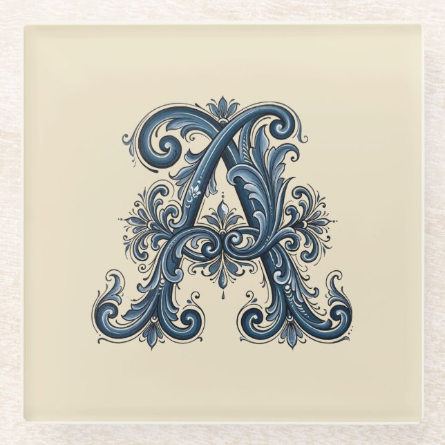 Dessous-de-verre En Verre Rosemaling Monogram Bleu de Prusse (Devant)