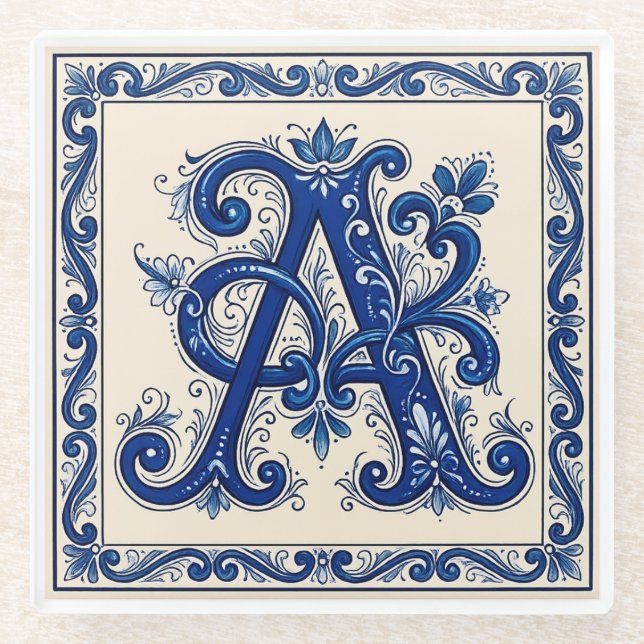 Dessous-de-verre En Verre Rosemaling Monogram Bleu de Prusse (Devant)