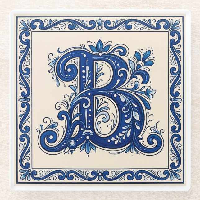 Dessous-de-verre En Verre Rosemaling Monogram - Bleu de Prusse (Devant)