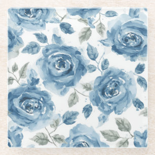 Dessous-de-verre En Verre Roses Bleus Fleurs Botaniques Aquarelle Floral