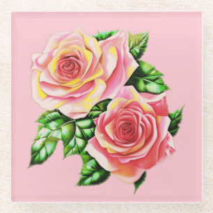 Dessous-de-verre En Verre Roses roses corail rose avec Feuilles verts Jade