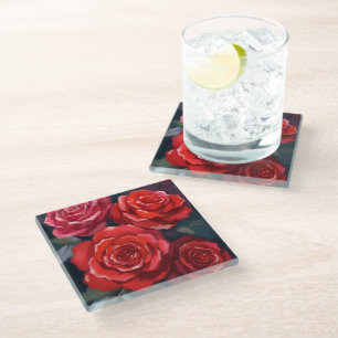 Dessous-de-verre En Verre Roses rouges fleurs peintes à l'aquarelle florale